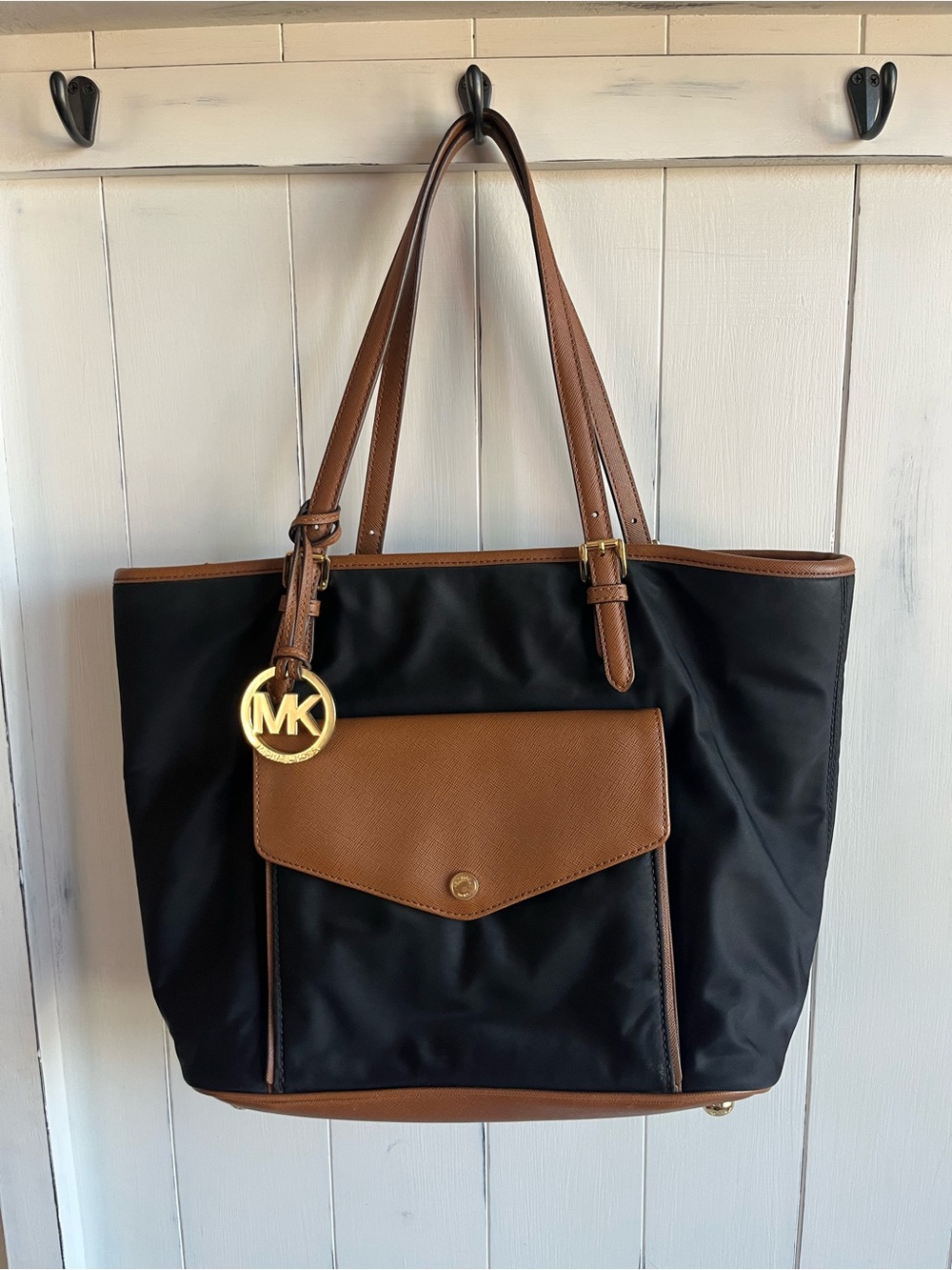 Michael Kors Black Nylon Tote with Brown Leather Trim